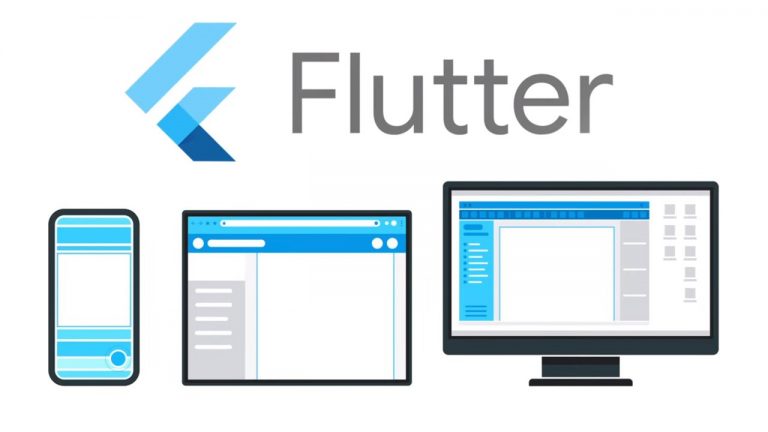 A mobile phone, tablet and monitor showing the Flutter App